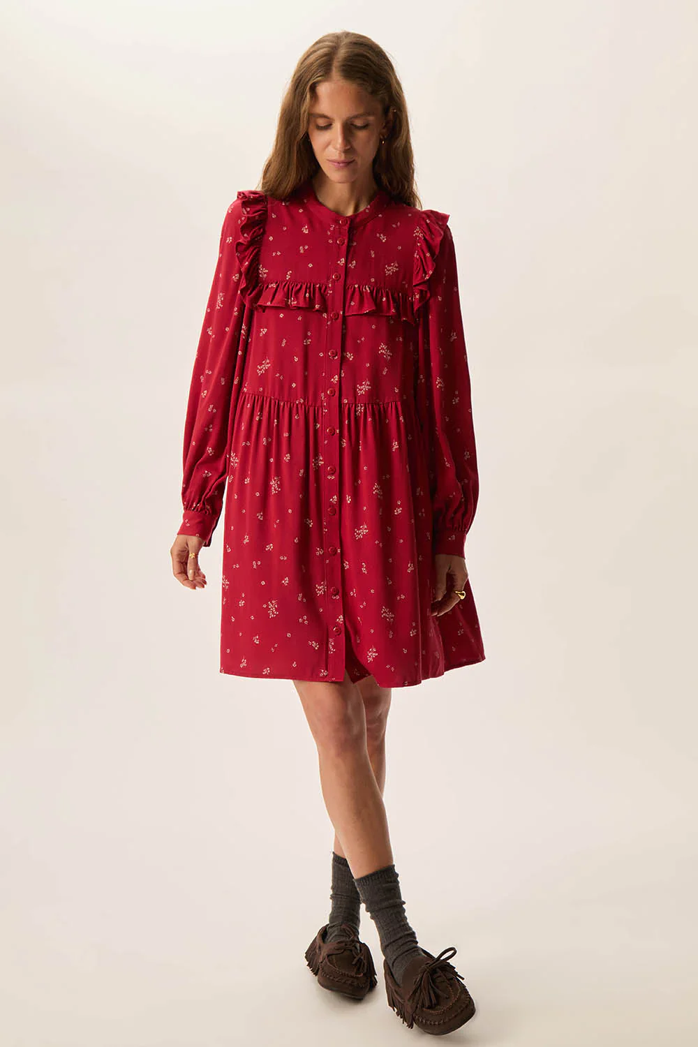 Abito Des Petits Hauts rosso con frill - immagine 4